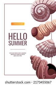 Summer flyer with seashells. Beach Holidays, Summer sale, marine nature concept. Vector Illustration. Poster, banner, advertising, flyer, sale.