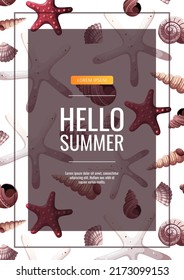 Summer flyer with seashells and starfishes. Beach Holidays, Summer sale, marine nature concept. Vector Illustration. Poster, banner, advertising, flyer, sale.