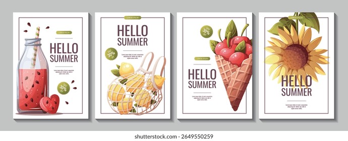 Summer flyer set with sunflower, lemons, watermelon smoothie, cherries. Vector illustration for promo, sale, flyer, banner.