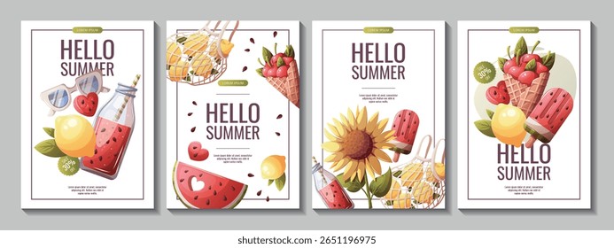 Flyer de verano con girasol, limones, batido de sandía, paletas, cerezas. Ilustración vectorial para promoción, venta, flyer, Anuncio.