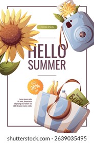 Summer flyer with sunflower, instant camera, beach bag, lemon, sunglasses. Vector illustration for promo, advertising, banner.