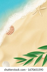 Summer flyer with top view on beach. Top view on ocean beach with soft waves and tropical leaf. Beautiful background with seashells on sea sand. Vector illustration.