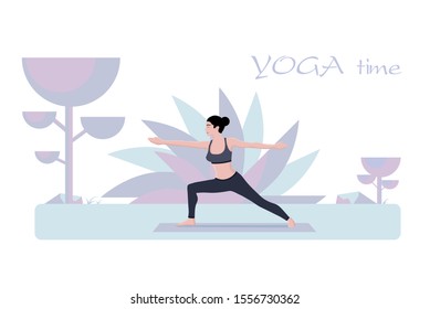 Summer Flyer is Written Yoga Time Cartoon Flat. Banner Physical Activity is Aimed at Maintaining Overall Physical Fitness. One Girl in warrior virabhadrasana asana yoga pose.