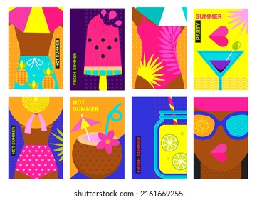 Summer flyers, posters. Design template with summertime symbols for party, fun.Background for summer themes,vacation,weekend,beach.Perfect background for posters,cover art,web.Vector illustration.