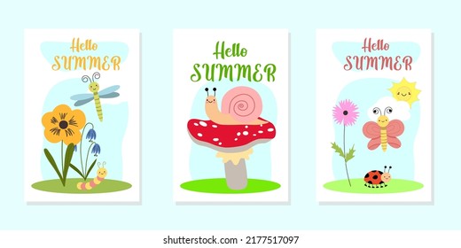 Summer flyers set. Cute cartoon bee, bugs, cameo shell, dragonfly, worm vector illustrations with sun and fun or enjoy text. Template for seasonal greeting cards or posters EPS