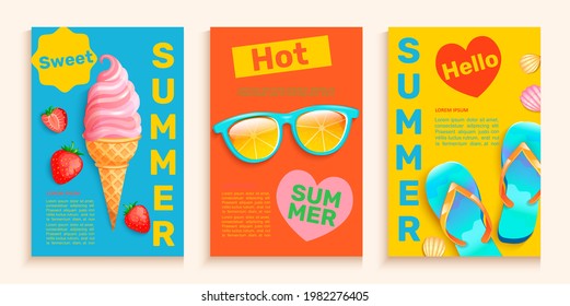 Summer flyers,cards with hot season symbols-ice cream,strawberries,sunglasses and slippers.Bright and gentle banners and posters.Template for design, advertise. Vector illustration.