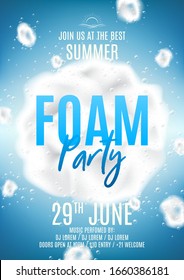 Summer foam party flyer template. Vector illustration with foam explosion with bubbles on blue background. Background with realistic clouds. Invitation to nightclub.