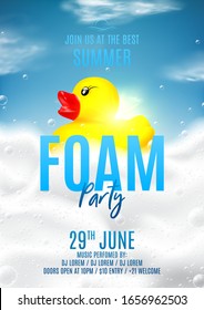 Summer foam party poster template. Vector illustration with soap or shampoo foam and bubbles with yellow rubber duck. Background with realistic clouds. Invitation to nightclub.