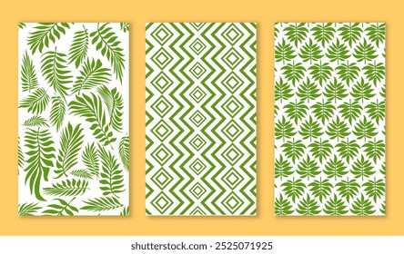 Summer foliage seamless patterns set. Repeating design element for printing on fabric. Tropical and exotic leaves and foliage. Flat vector collection isolated on yellow background