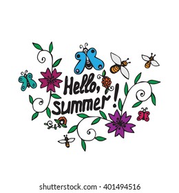 Summer foliage vector banner with Hello Summer text. Hand drawn lettering inspirational typography poster. Can use as invitation card or other advertising.