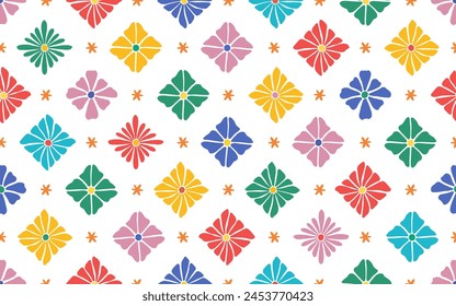 Summer folk art ornament. Vector seamless pattern with colorful flowers. Scandinavian collection. Surface cover design. Fabric textile print.