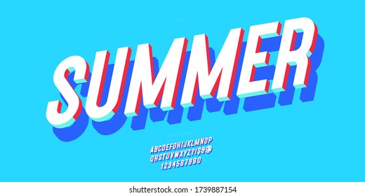 Fuente de verano 3d estilo negrita tipografía moderna para decoración, logotipo, afiche, camiseta, libro, tarjeta, banner de venta, impresión en tela, industrial. Genial. Alfabeto divertido de moda. Vector 10 eps