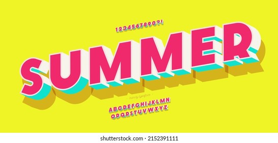 Fuente de verano 3d estilo audaz tipografía moderna para decoración, afiche, camiseta, libro, tarjeta, banner de venta, impresión en tela, industrial. Una tipografía genial. Alfabeto de moda. Vector 10 eps