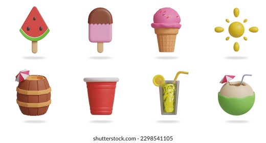 summer food 3D vector icon set.
watermelon popsicle,pink popsicle,ice cream,sun,barrel,red cup,lemonade,coconut water