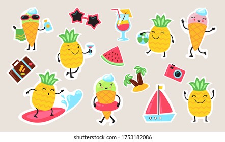 Summer food and activities set. Cute stickers, cartoon characters, watermelon, wave, sweet ice cream, pineapple. Vector illustration for pool party, beach, fun, vacation, travel concept