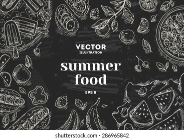 Summer Food Chalk Board Frame. Linear graphic. Vector illustration