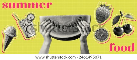 summer food collage set with hands holding watermelon slice ice cream cone lemonade cherry strawberry citrus on lime green background retro vintage halftone dotted y2k collage cut-out elements