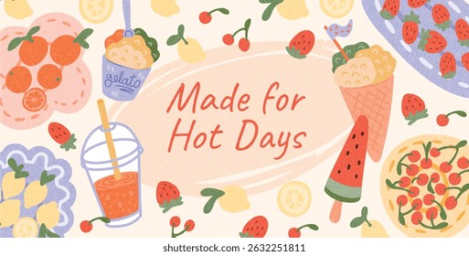 Summer food concept with Ice Cream, Gelato, Juice, Watermelon, Fruits like Lemon, Strawberry, Cherry, Orange. Refreshing dessert and snack set. Vector illustration design.