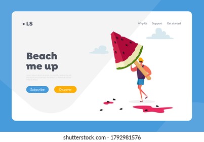 Summer Food, Delicious Sweet Dessert Landing Page Template. Tiny Male Character Carry Huge Watermelon Ice Cream Popsicle. Cold Treat for Hot Time, Man with Fruit Icecream. Cartoon Vector Illustration