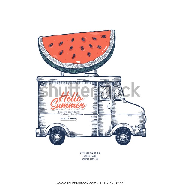 Summer food delivery design template.\
Classic food truck with watermelon. Vector\
illustration