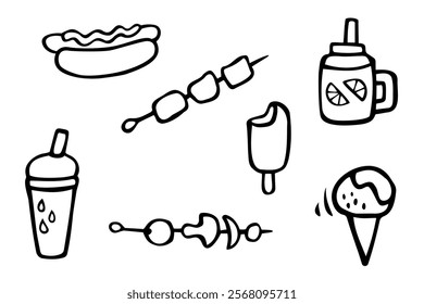 Summer food doodles set. Vector collection of hand drawn elements: ice cream, lemonade, hot dog, shashlik and others.