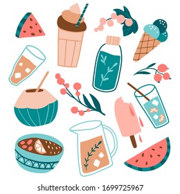 Summer food and drinks: berries, fruits, cocktails. Cold beverages, coconut, watermelon. Tropical flat collection. Cute hand drawn set. Beach party icons.  Seasonal colorful vector illustration