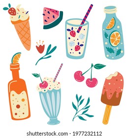 Summer food and drinks. Watermelon, cherry, ice cream, lemonade, soda, milkshake. Summer vacation. Cute hand drawn set. Beach party icons. Good for web, banners, posters, cards. Vector illustration.