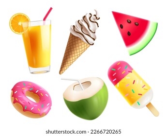 Summer food elements vector set design. Summer tropical foods like doughnut, popsicle, ice cream and seasonal juice. Vector illustration isolated in white elements collection. 