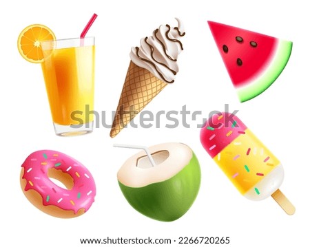 Summer food elements vector set design. Summer tropical foods like doughnut, popsicle, ice cream and seasonal juice. Vector illustration isolated in white elements collection. 