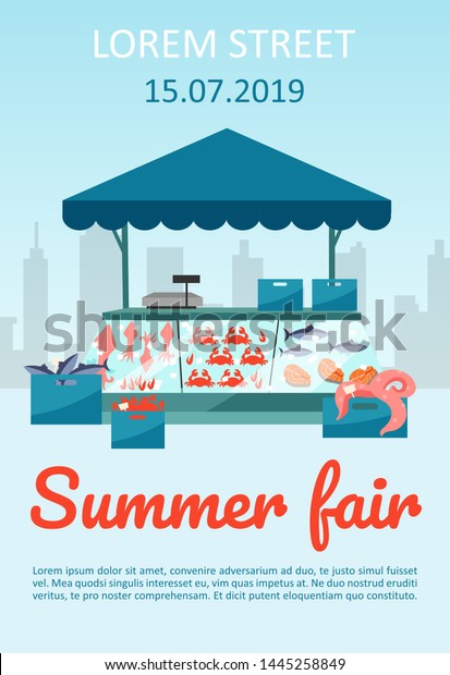 Summer food fair brochure template. Seafood market\
stall with fresh fish flyer, booklet, leaflet concept with flat\
illustrations. Vector page layout for magazine. advertising\
invitation with text