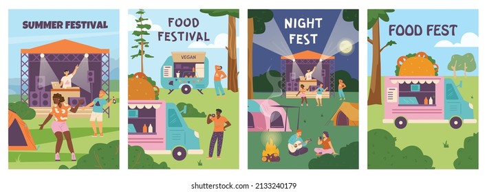 Festival de comida de verano, la gente come comida vegana en el camión y escucha música, afiche de ilustración vectorial plana. Un juego de folletos invitan al aire libre con DJ y camping.