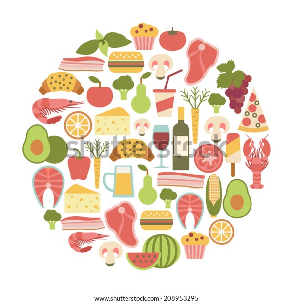 夏の食べ物祭り 丸いデザインエレメントと食べ物アイコン のベクター画像素材 ロイヤリティフリー