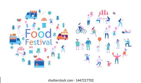 Summer food festival. Food street fair, family festival. People walking, riding bicycle, eating street food, have fun together. Flat vector poster and banner colorful design.