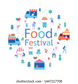 Summer food festival. Food street fair, family festival. People walking, riding bicycle, eating street food, have fun together. Flat vector poster and banner colorful design.