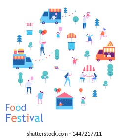 Summer food festival. Food street fair, family festival. People walking, riding bicycle, eating street food, have fun together. Flat vector poster and banner colorful design.