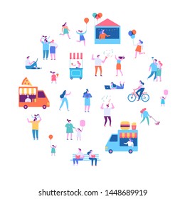 Summer food festival. Food street fair, family festival. People walking, riding bicycle, eating street food, have fun together. Flat vector poster and banner colorful design.