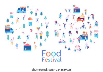 Summer food festival. Food street fair, family festival. People walking, riding bicycle, eating street food, have fun together. Flat vector poster and banner colorful design.