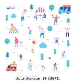 Summer food festival. Food street fair, family festival. People walking, riding bicycle, eating street food, have fun together. Flat vector poster and banner colorful design.