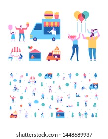 Summer food festival. Food street fair, family festival. People walking, riding bicycle, eating street food, have fun together. Flat vector poster and banner colorful design.