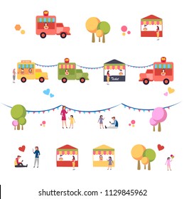 	
Summer Food Festival. Street and Fast Food. Drink, Pizza, Burger Truck flat vector illustration. Summer fest, food street fair, family festival .