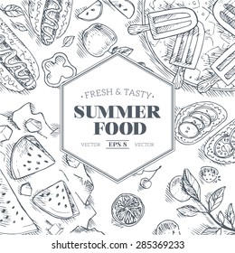 Summer Food Frame. Linear graphic. Vector illustration