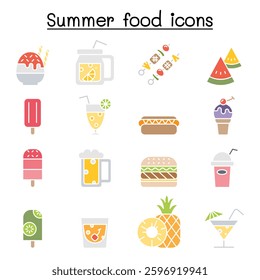 Summer food icon set in flat color style