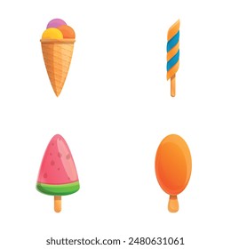 Summer food icons set cartoon vector. Various multicolored ice cream. Sweet food, dessert