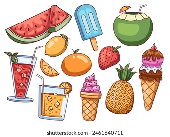 Summer food illustration featuring a variety of delicious food and fruit, including juicy watermelon slices, ice cream, coconut drinks, fresh juices, oranges, lemons, etc. 