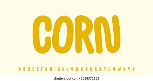 Summer food lettering, Corn cartoon joyful alphabet, rounded playful font for bright kid fresh product headline, friendly logo. Childish typographic design. Packaging typography. Vector typeset