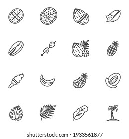 Summer food line icons set, outline vector symbol collection, linear style pictogram pack. Signs, logo illustration. Set includes icons as fruit and vegetables, pineapple, ice cream, banana, barbecue