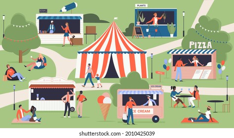 Summer food market festival map, city fair in green park vector illustration. Cartoon happy family with kids, teen friends and couple characters walking, buying food, sitting together background