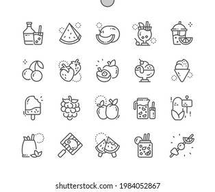 Summer food. Natural nutrition, eating. Ice cream, peach, watermelon, apple, cherry and other. Food shop, cooking, supermarket. Pixel Perfect Vector Thin Line Icons. Simple Minimal Pictogram