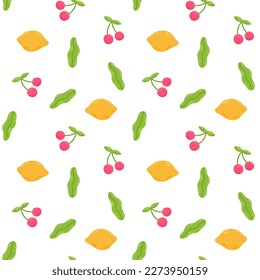 Summer food pattern with cute sweet cherry and lemon. Hand drawn flat cartoon elements. Vector illustration