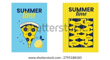Summer Food Poster Collection Featuring Pizza Lemon Tropical Design Seasonal Vacation Sunshine Holiday and Beach Lifestyle Themes